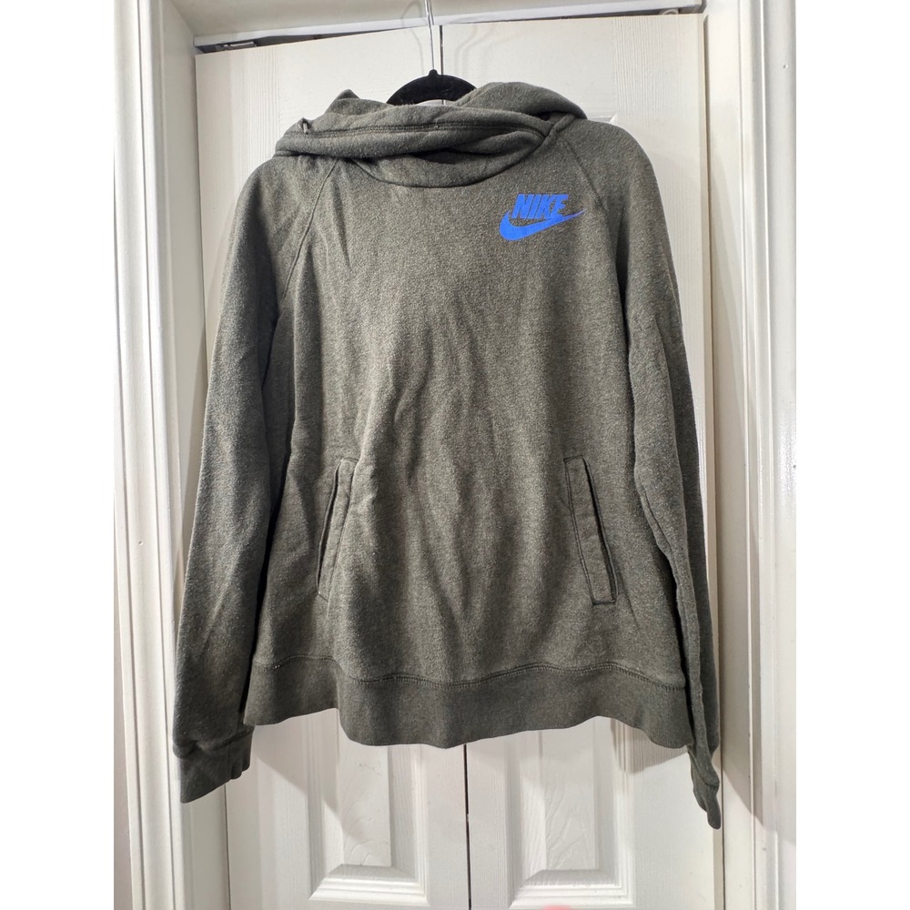 Nike Womens Olive Green Heather Pullover Cowl Neck Hoodie Blue Logo Size L